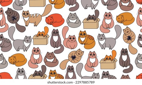 Patrón de gato. Caricatura de fondo de gatos divertidos. Un gatito gracioso durmiendo, jugando, sentado en la caja, comiendo pescado, relajándose. Diferentes gatos adorables imprimen .Pequeñas mascotas con íconos animales paquete. Personajes felices domésticos