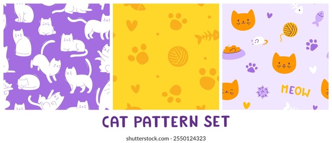 Cat pattern cartoon set. Seamless vector prints collection with cute cats and accessories.