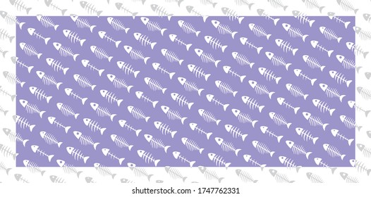 Cat pattern of fish skeletons. White fish bones on a purple background. Endless seamless vector pattern. A variety of fish bones swim diagonally