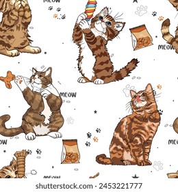 Cat pattern, food, tracks. Seamless illustrations of pets clipart for pet shops, as a blank for designer, logo, icon, pet food, textile