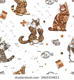 Cat pattern, food, tracks. Seamless illustrations of pets clipart for pet shops, as a blank for designer, logo, icon, pet food, textile