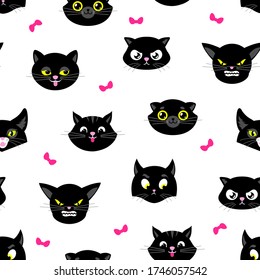 Cat pattern. Halloween cats seamless texture. Flat black kitten heads with yellow eyes. Cute kitty fabric print, cartoon animal pets faces vector background