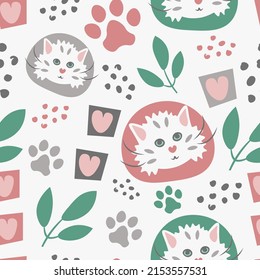 Patrón de gato con corazones y hojas al estilo de las caricaturas. Fondo de ilustración vectorial sin fisuras de gatos. Para el mercado, tienda de mascotas, veterinaria, productos, web, papel pintado, embalaje, papel envasado, tela, textiles