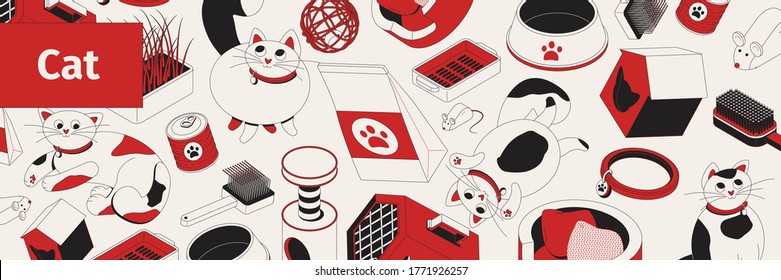 Cat pattern isometric composition with icons of cartoon style cats cradles pet bowls and scratcher ports vector illustration