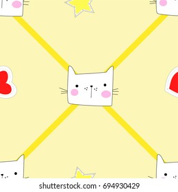 cat pattern lines seamless pattern heart yellow background vector illustration 