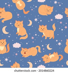 Cat pattern with moon, stars and clouds. Cute ginger cat character in cartoon style, vector illustration