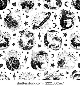 Cat pattern. Mystic space seamless color book. Cute esoteric doodle animal. Gothic witchcraft icon set. Anime page background. Fashion vector witch cat pattern. Kawaii kitten black line art. Magic pet