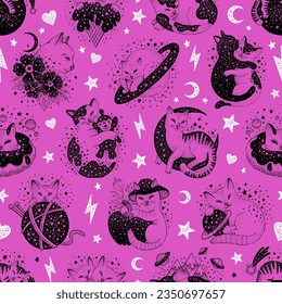 Cat pattern. Mystic space seamless background. Cute esoteric doodle kittens. Gothic witchcraft animals set. Magic Anime on black, purple, pink page. Fashion vector witch cat pattern. Kawaii kitten art