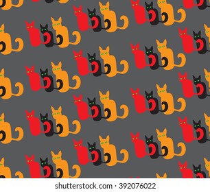 cat pattern on grey background. hand drawn seamless cat pattern. vector illustration