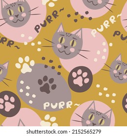 Cat pattern pink and mustard color. Kitten seamless vector illustration with doodles, trendy style for kids, goods for pets, markets, textile, fabric, web design