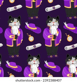 Cat pattern in a retro ballroom costume. A noble outfit of the 19th century with additional accessories. Bundle, a watch, a hat, a reward. Ballroom outfits. Texture animal in ballroom costumes on dark