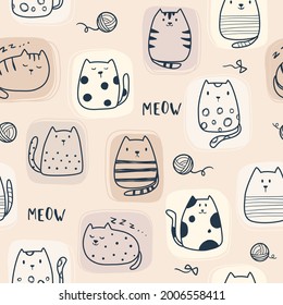 Cat pattern, seamless animal background, perfect for fabric, textile, wrapping paper, hand drawn vector illustration