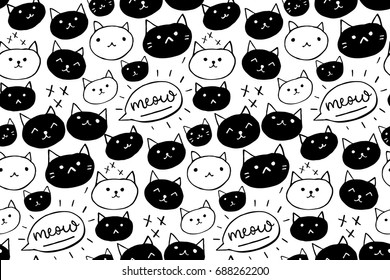 Cat pattern. Seamless background with black and white hand drawn cats and meow word. Cute pet texture