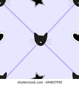 cat pattern seamless pattern blue background heart lines vector illustration 