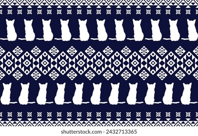 Cat pattern. Seamless. White stripes, blue background. Ethnicity. Floral patterns, printed fabrics, pants, Lanna.