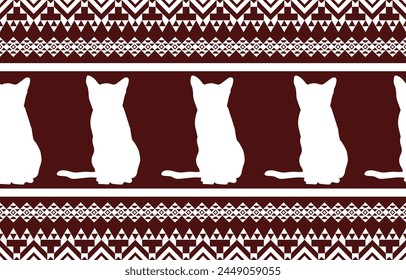 Patrón de gato. Sin costuras. Rayas blancas, fondo colorido. Etnia. Estampados florales, tejidos estampados, pantalones, Lanna.