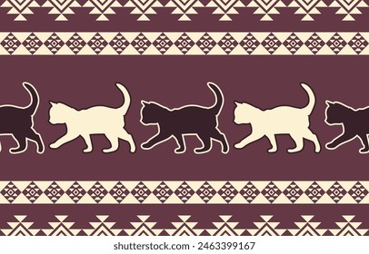 Cat pattern. Seamless. White stripes, colorful background. Ethnicity. Floral patterns, printed fabrics, pants, Lanna.