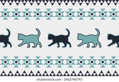 Cat pattern. Seamless. White stripes, colorful background. Ethnicity. Floral patterns, printed fabrics, pants, Lanna.