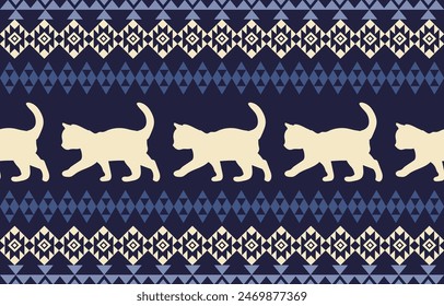 Cat pattern. Seamless. White stripes, colorful background. Ethnicity. Floral patterns, printed fabrics, pants, Lanna.