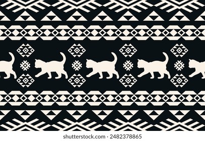 Cat pattern. Seamless. White stripes, dark background. Ethnicity. Floral patterns, printed fabrics, pants, Lanna.