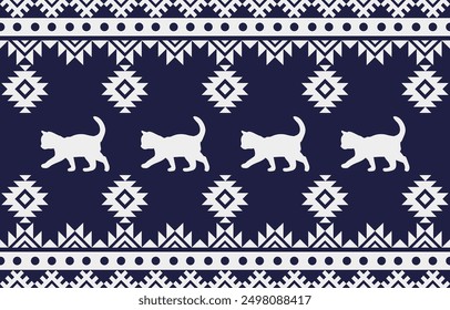 Cat pattern. Seamless. White stripes, colorful background. Ethnicity. Floral patterns, printed fabrics, pants, Lanna.