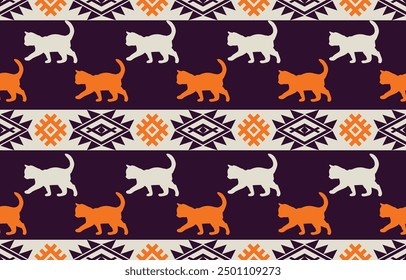 Katzenmuster. Nahtlos. Weiße Streifen, bunter Hintergrund. Ethnizität. Blumenmuster, bedruckte Stoffe, Hosen, Lanna.