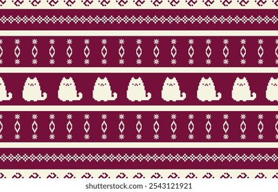 Cat pattern. Seamless. White stripes, purple background. Ethnicity. Floral patterns, printed fabrics, pants, Lanna.