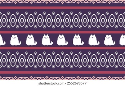Cat pattern. Seamless. White stripes, colorful background. Ethnicity. Floral patterns, printed fabrics, pants, Lanna.