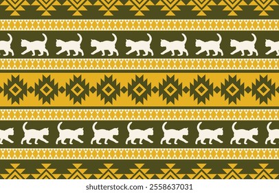 Cat pattern. Seamless. White stripes, colorful background. Ethnicity. Floral patterns, printed fabrics, pants, Lanna.