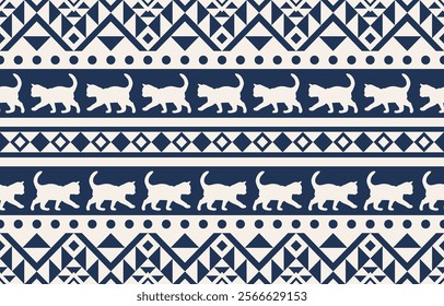 Cat pattern. Seamless. White stripes, colorful background. Ethnicity. Floral patterns, printed fabrics, pants, Lanna.