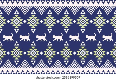 Cat pattern. Seamless. White stripes, colorful background. Ethnicity. Floral patterns, printed fabrics, pants, Lanna.
