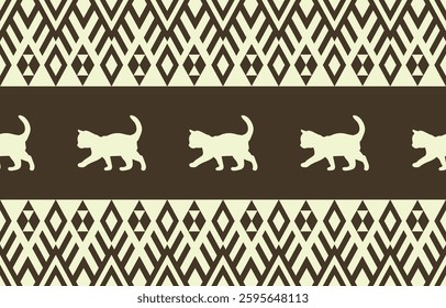 Cat pattern. Seamless. White stripes, colorful background. Ethnicity. Floral patterns, printed fabrics, pants, Lanna.