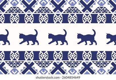 Cat pattern. Seamless. White stripes, colorful background. Ethnicity. Floral patterns, printed fabrics, pants, Lanna.