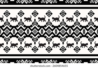 Cat pattern. Seamless. White stripes, colorful background. Ethnicity. Floral patterns, printed fabrics, pants, Lanna.