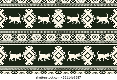 Cat pattern. Seamless. White stripes, colorful background. Ethnicity. Floral patterns, printed fabrics, pants, Lanna.