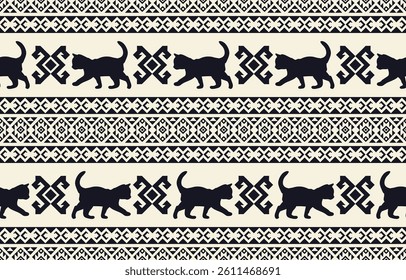 Cat pattern. Seamless. White stripes, colorful background. Ethnicity. Floral patterns, printed fabrics, pants, Lanna.
