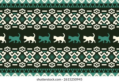 Cat pattern. Seamless. White stripes, colorful background. Ethnicity. Floral patterns, printed fabrics, pants, Lanna.