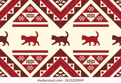 Cat pattern. Seamless. White stripes, colorful background. Ethnicity. Floral patterns, printed fabrics, pants, Lanna.