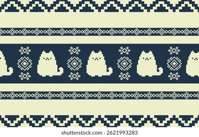 Padrão de gato. Sem emenda. Listras brancas, fundo colorido. Etnia. Padrões florais, tecidos impressos, calças, Lanna.