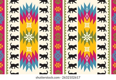Cat pattern. Seamless. White stripes, colorful background. Ethnicity. Floral patterns, printed fabrics, pants, Lanna.