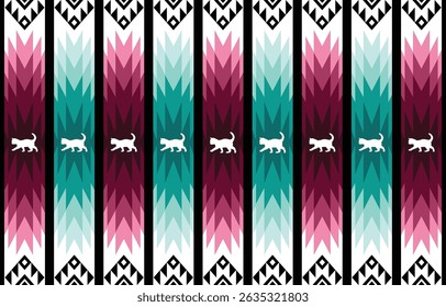 Cat pattern. Seamless. White stripes, colorful background. Ethnicity. Floral patterns, printed fabrics, pants, Lanna.
