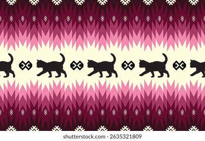 Cat pattern. Seamless. White stripes, colorful background. Ethnicity. Floral patterns, printed fabrics, pants, Lanna.