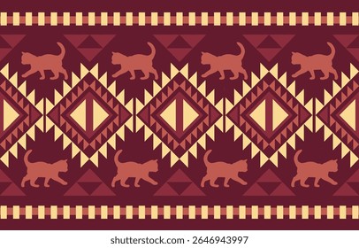 Cat pattern. Seamless. White stripes, colorful background. Ethnicity. Floral patterns, printed fabrics, pants, Lanna.