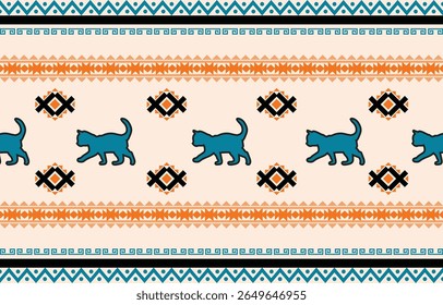 Patrón de gato. Sin costuras. Rayas blancas, fondo colorido. Etnicidad. Patrones florales, telas impresas, pantalones, Lanna.