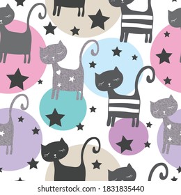 cat pattern with starts on polka dots background, cat seamless pattern, can be used for textile,  background, book cover, packaging