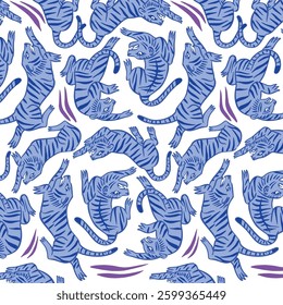 cat pattern. tiger pattern. hand drawn cat and tiger illustration background.