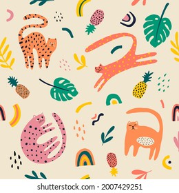 
Cat pattern with tropical leaves, pineapple, rainbow, drops. Summer vector seamless texture for fabric, textile, paper, cover, interior decor. 
