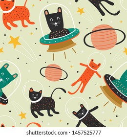 cat pattern with ufo. astronaut and planet background decoration for baby and kids fashion textile print.