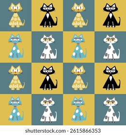 Cat pattern in yellow and green tones alternated in blocks