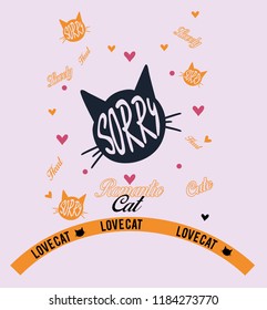 Cat patterned design with around hearts, points, orange line and texts on purple background. Vector illustration.